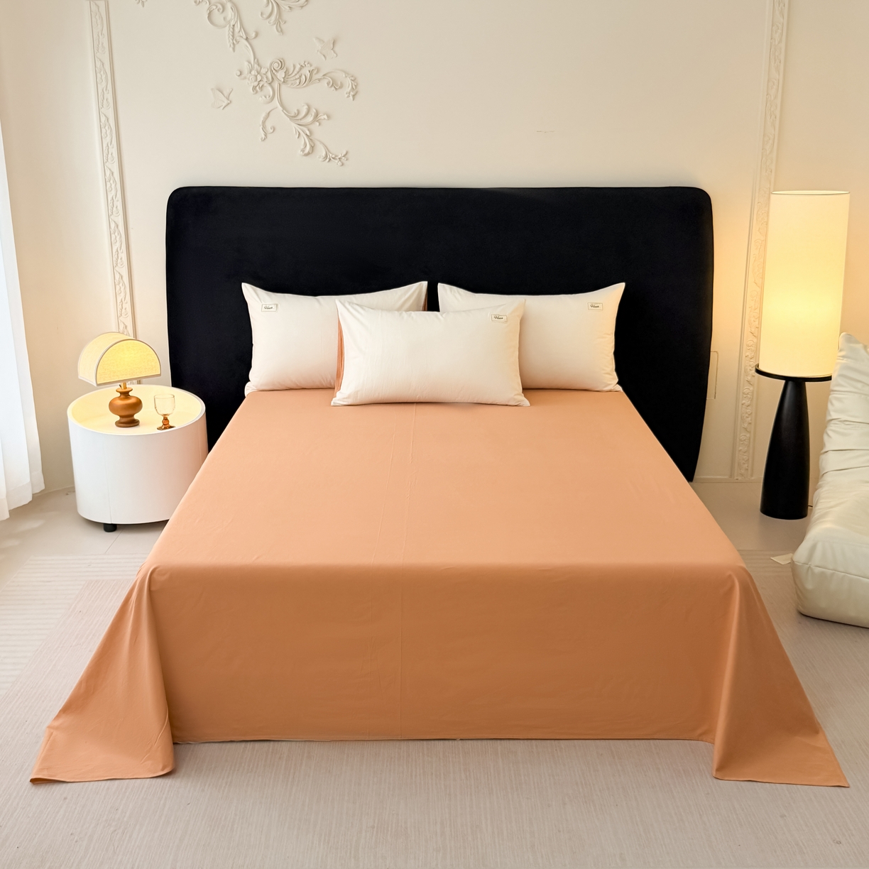 91家纺网 家纺一手货源 找家纺 木子家纺 2026新款高支高密全棉纯棉双拼纯色四件套 白桃西柚