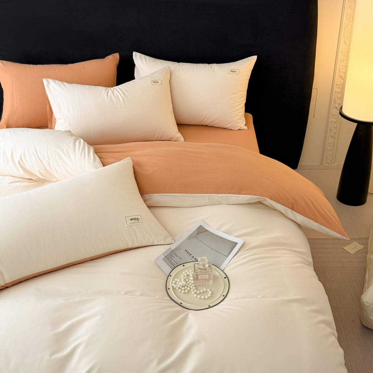 91家纺网 家纺一手货源 找家纺 木子家纺 2026新款高支高密全棉纯棉双拼纯色四件套 白桃西柚