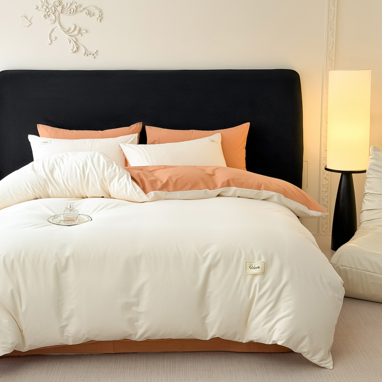 91家纺网 家纺一手货源 找家纺 木子家纺 2026新款高支高密全棉纯棉双拼纯色四件套 白桃西柚