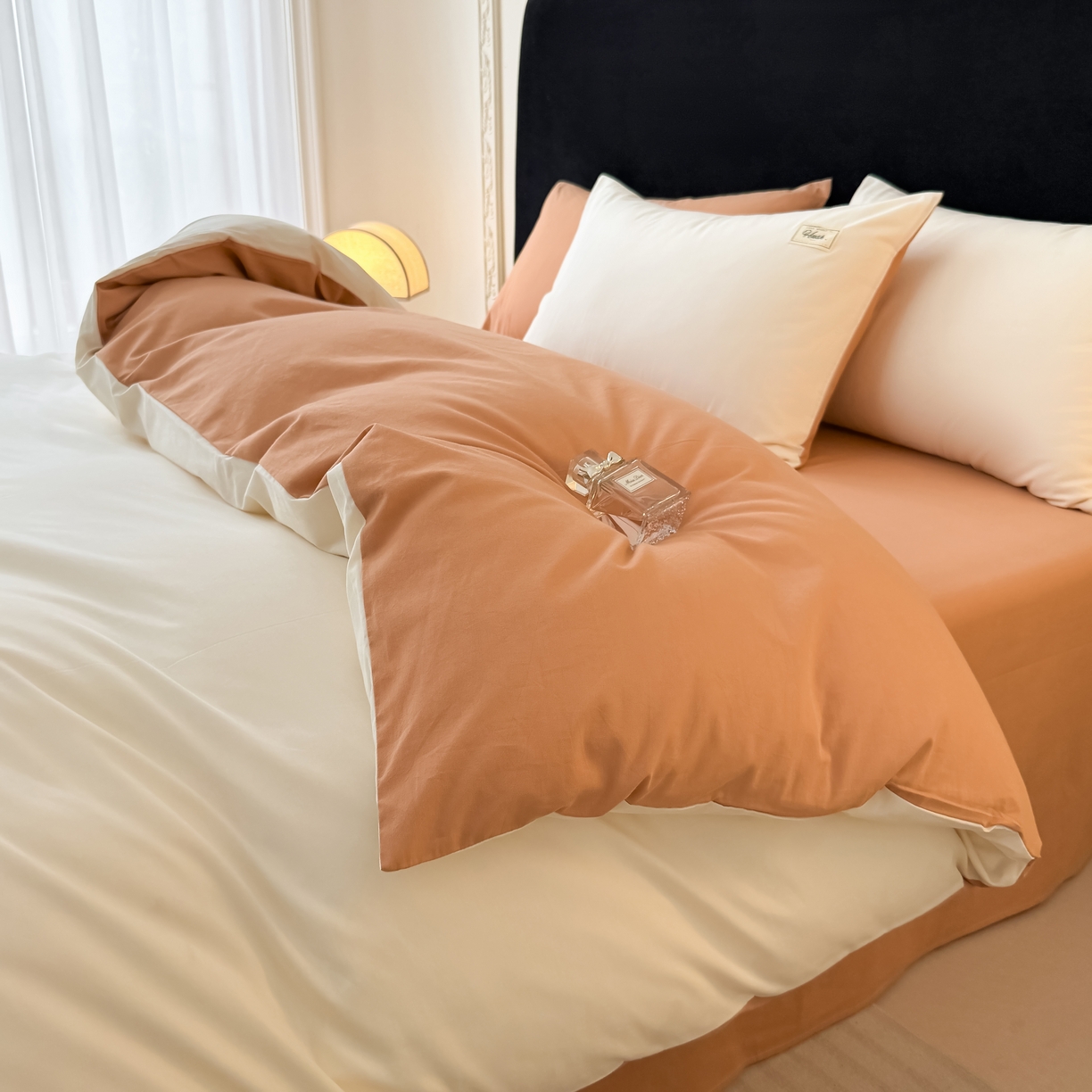 91家纺网 家纺一手货源 找家纺 木子家纺 2026新款高支高密全棉纯棉双拼纯色四件套 白桃西柚