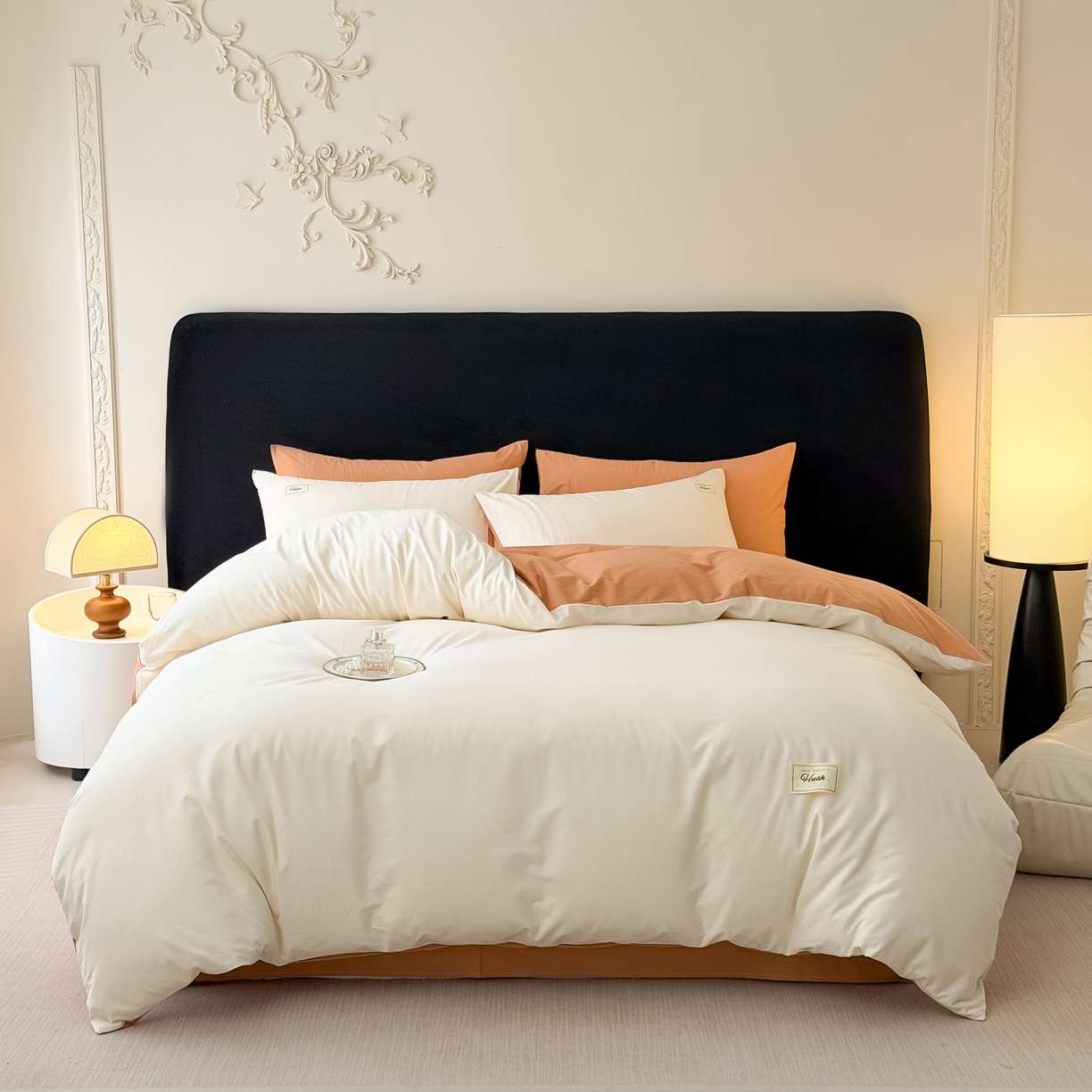 91家纺网 家纺一手货源 找家纺 木子家纺 2026新款高支高密全棉纯棉双拼纯色四件套 白桃西柚