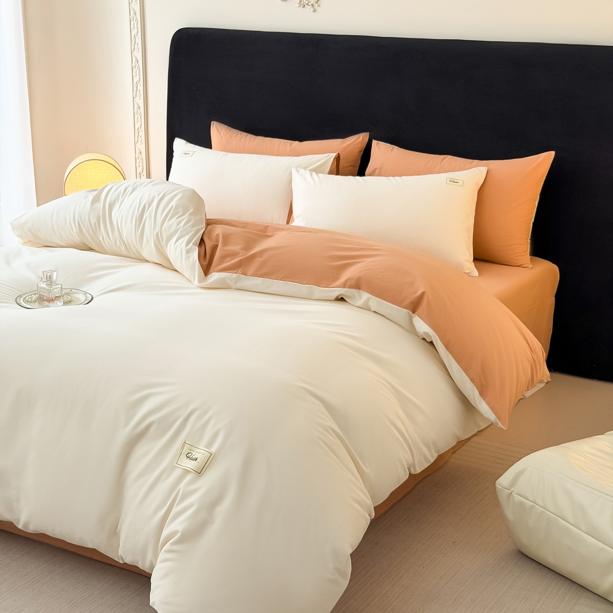 91家纺网 家纺一手货源 找家纺 木子家纺 2026新款高支高密全棉纯棉双拼纯色四件套 白桃西柚