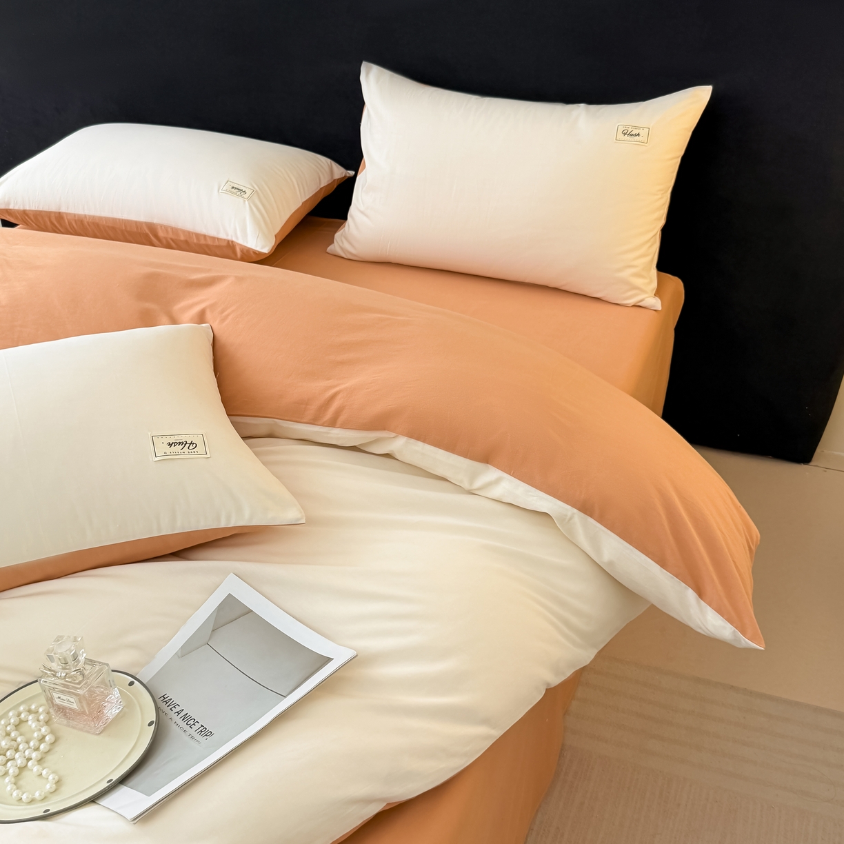 91家纺网 家纺一手货源 找家纺 木子家纺 2026新款高支高密全棉纯棉双拼纯色四件套 白桃西柚