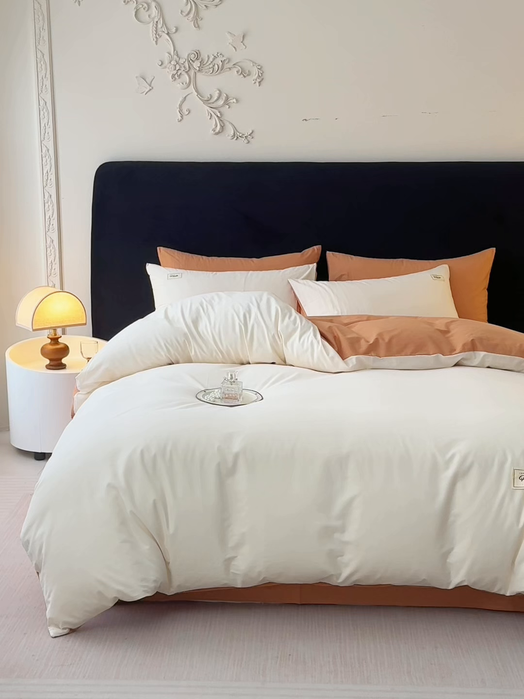 91家纺网 家纺一手货源 找家纺 木子家纺 2026新款高支高密全棉纯棉双拼纯色四件套 白桃西柚