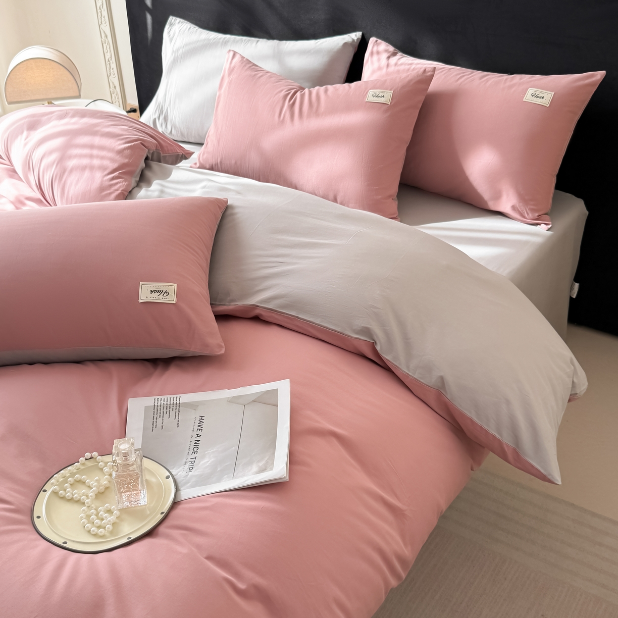 91家纺网 家纺一手货源 找家纺 木子家纺 2026新款高支高密全棉纯棉双拼纯色四件套 荔枝椰灰