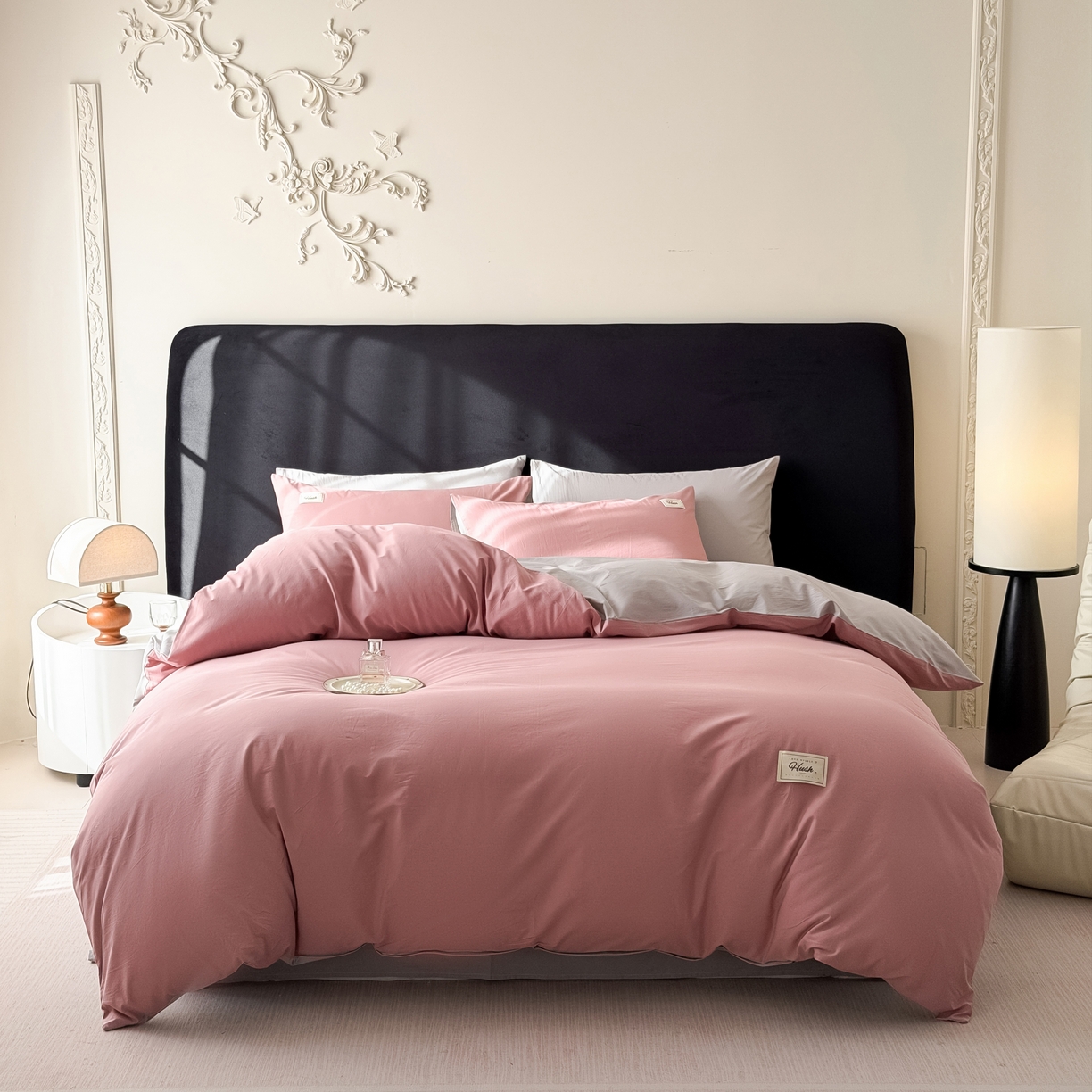 91家纺网 家纺一手货源 找家纺 木子家纺 2026新款高支高密全棉纯棉双拼纯色四件套 荔枝椰灰