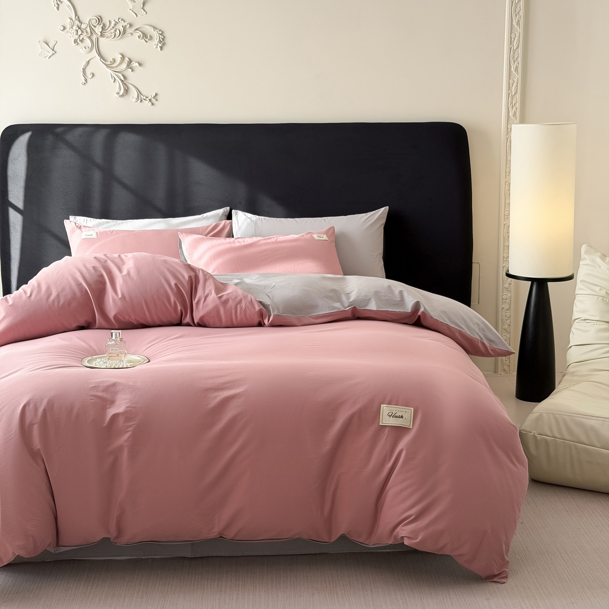 91家纺网 家纺一手货源 找家纺 木子家纺 2026新款高支高密全棉纯棉双拼纯色四件套 荔枝椰灰