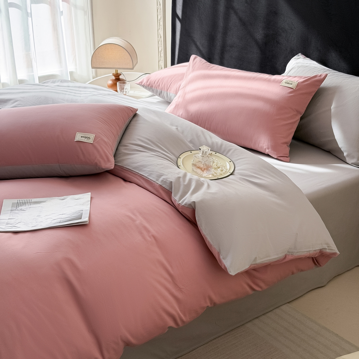 91家纺网 家纺一手货源 找家纺 木子家纺 2026新款高支高密全棉纯棉双拼纯色四件套 荔枝椰灰