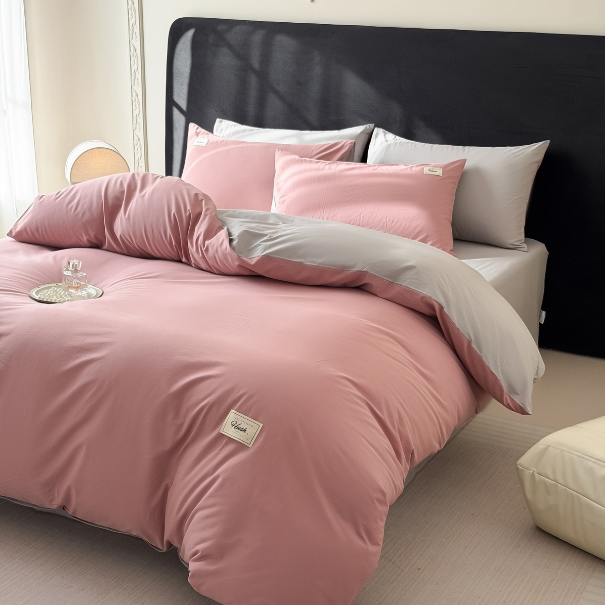 91家纺网 家纺一手货源 找家纺 木子家纺 2026新款高支高密全棉纯棉双拼纯色四件套 荔枝椰灰