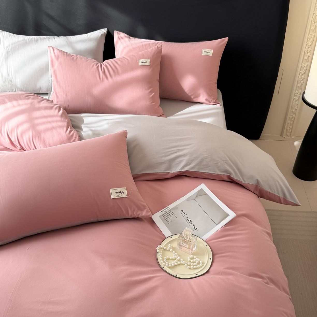 91家纺网 家纺一手货源 找家纺 木子家纺 2026新款高支高密全棉纯棉双拼纯色四件套 荔枝椰灰