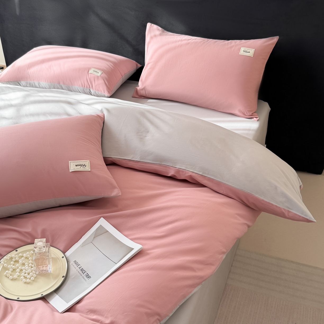 91家纺网 家纺一手货源 找家纺 木子家纺 2026新款高支高密全棉纯棉双拼纯色四件套 荔枝椰灰