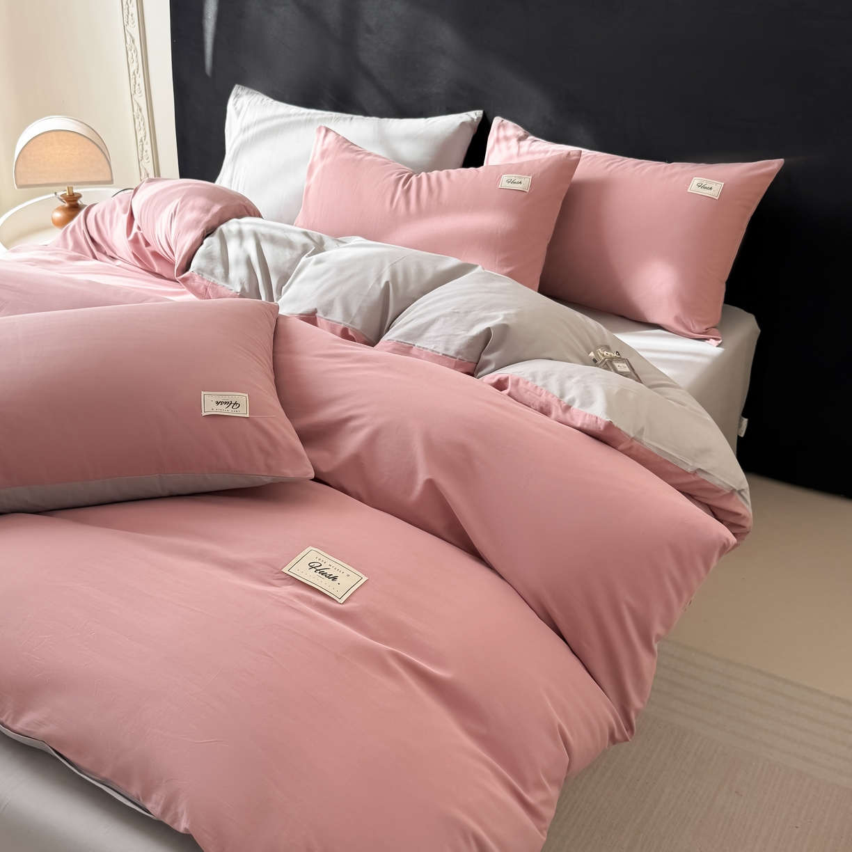 91家纺网 家纺一手货源 找家纺 木子家纺 2026新款高支高密全棉纯棉双拼纯色四件套 荔枝椰灰