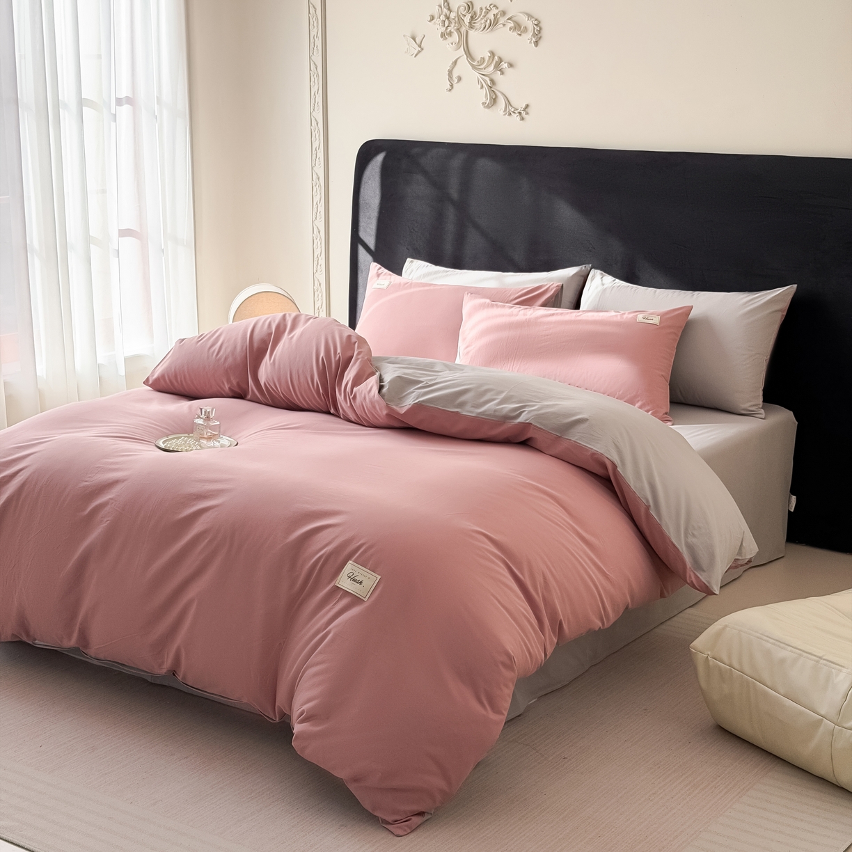 91家纺网 家纺一手货源 找家纺 木子家纺 2026新款高支高密全棉纯棉双拼纯色四件套 荔枝椰灰