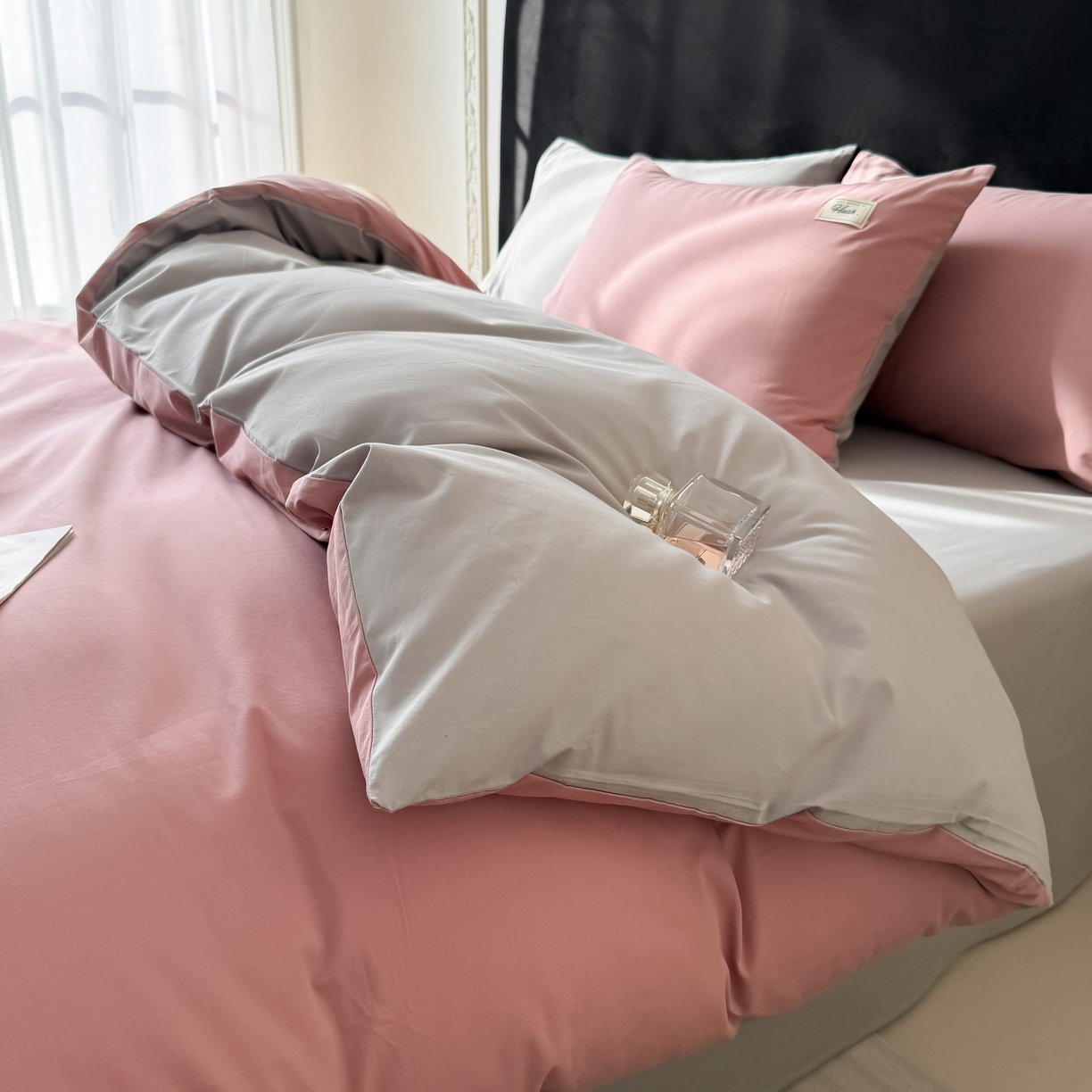 91家纺网 家纺一手货源 找家纺 木子家纺 2026新款高支高密全棉纯棉双拼纯色四件套 荔枝椰灰