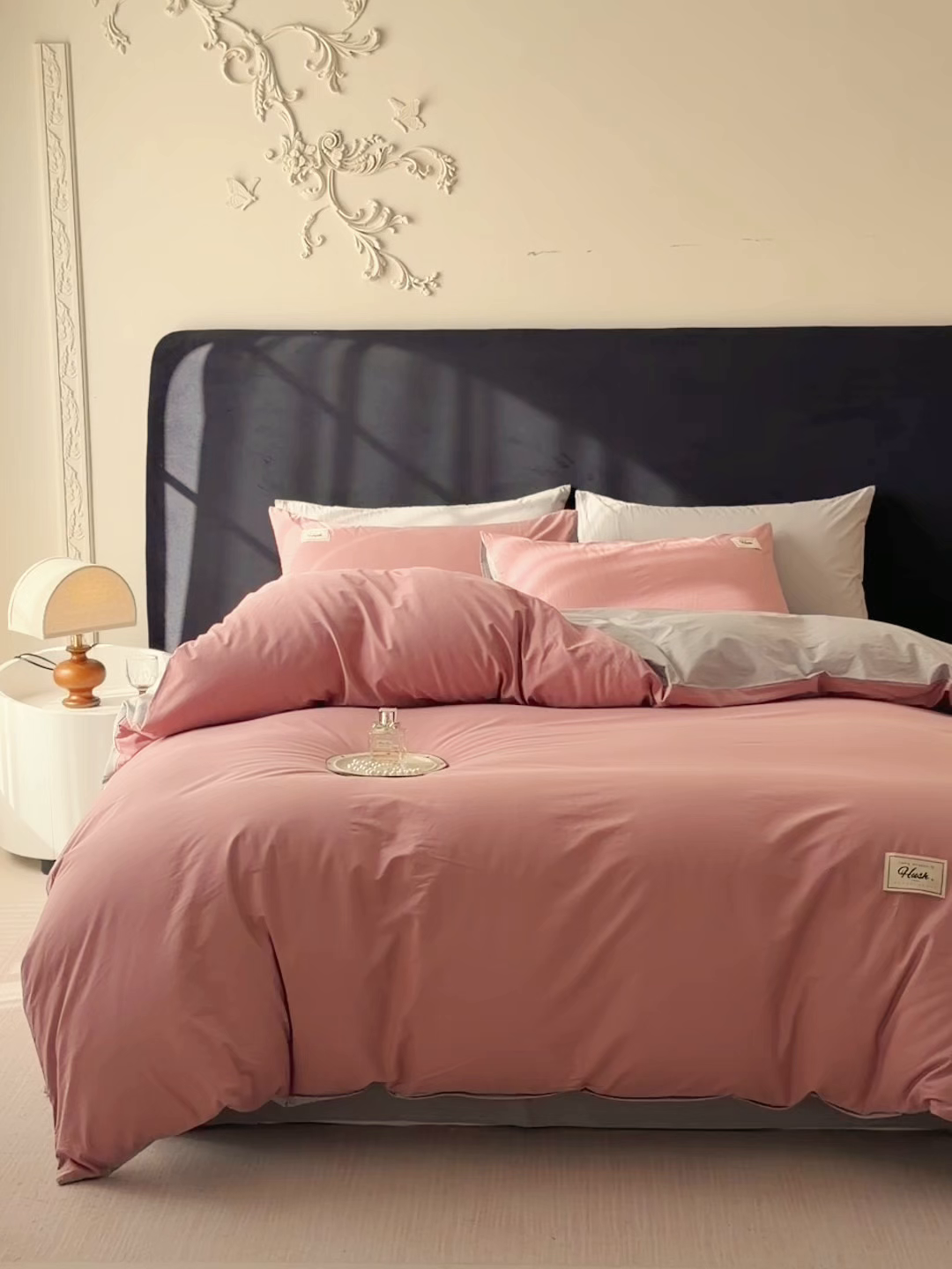 91家纺网 家纺一手货源 找家纺 木子家纺 2026新款高支高密全棉纯棉双拼纯色四件套 荔枝椰灰