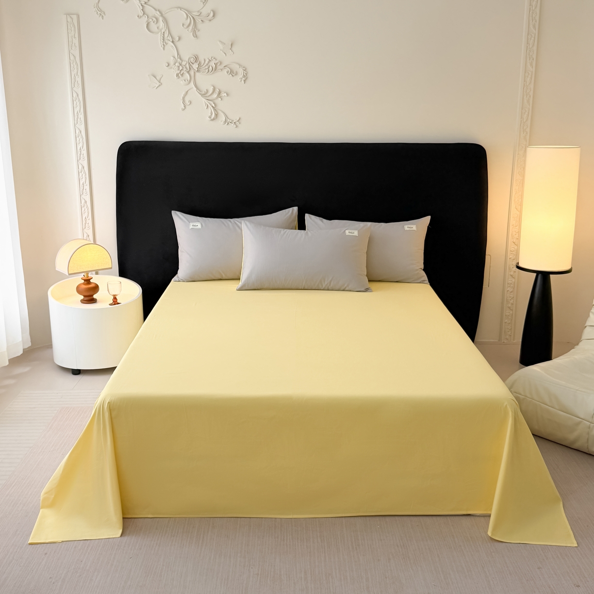 91家纺网 家纺一手货源 找家纺 木子家纺 2026新款高支高密全棉纯棉双拼纯色四件套 落叶黄桃