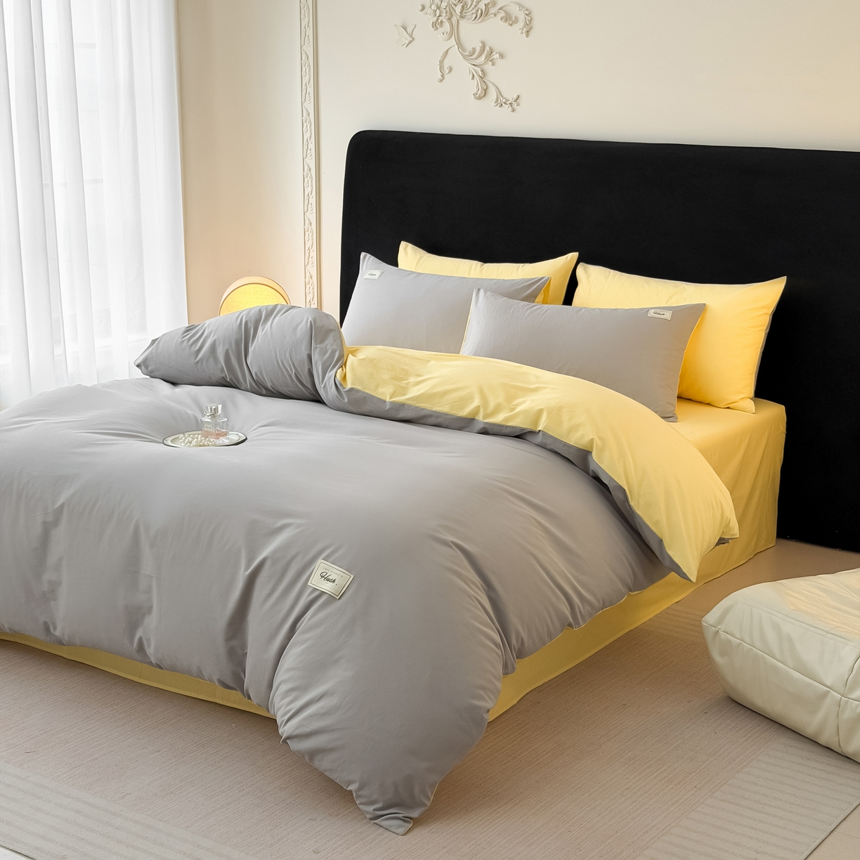 91家纺网 家纺一手货源 找家纺 木子家纺 2026新款高支高密全棉纯棉双拼纯色四件套 落叶黄桃