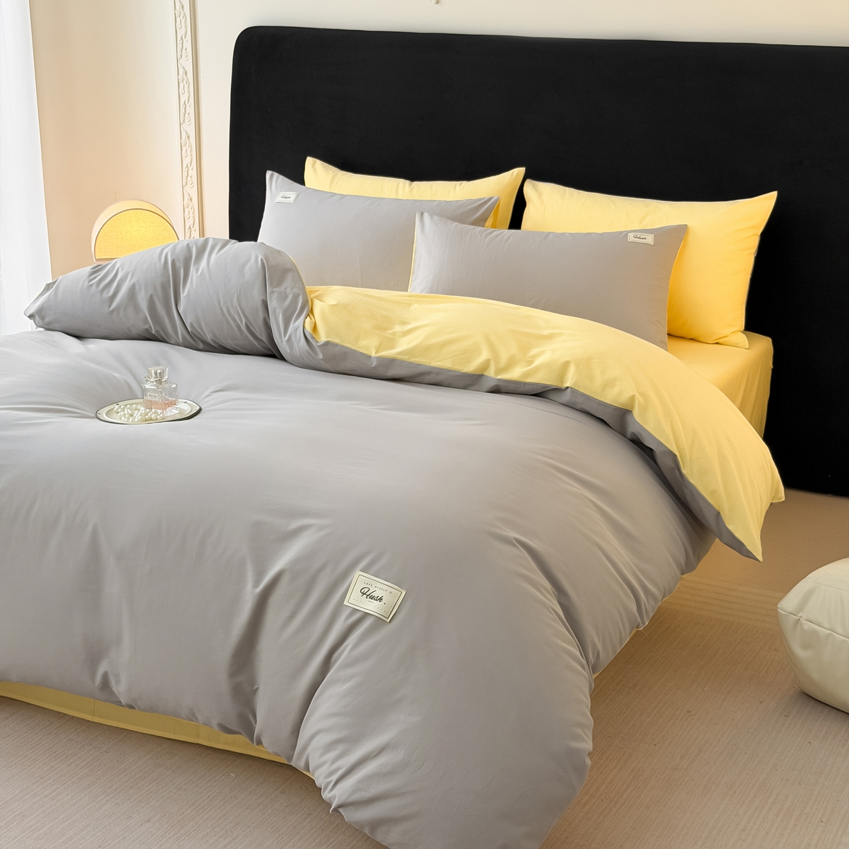 91家纺网 家纺一手货源 找家纺 木子家纺 2026新款高支高密全棉纯棉双拼纯色四件套 落叶黄桃