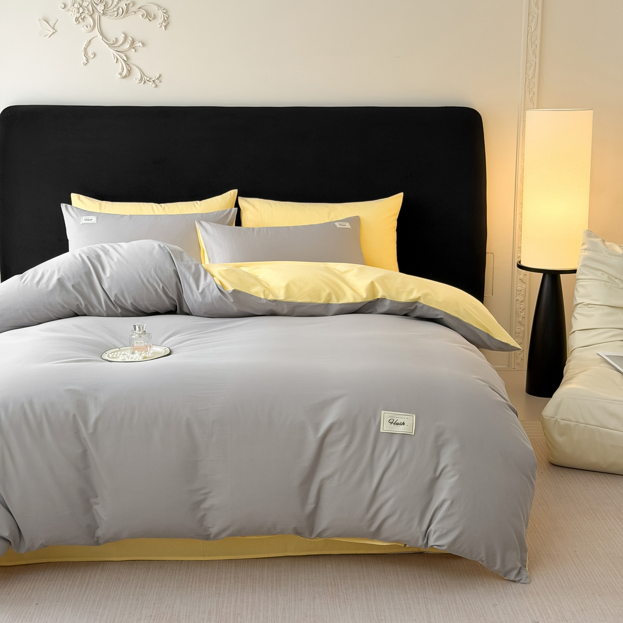 91家纺网 家纺一手货源 找家纺 木子家纺 2026新款高支高密全棉纯棉双拼纯色四件套 落叶黄桃