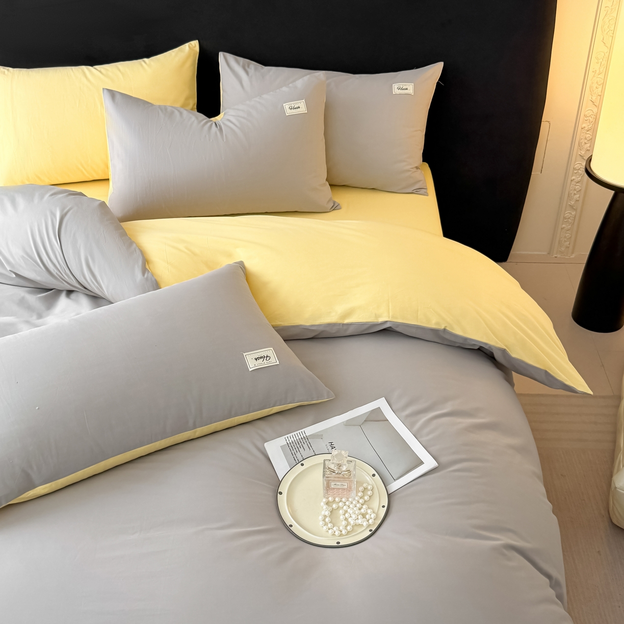 91家纺网 家纺一手货源 找家纺 木子家纺 2026新款高支高密全棉纯棉双拼纯色四件套 落叶黄桃