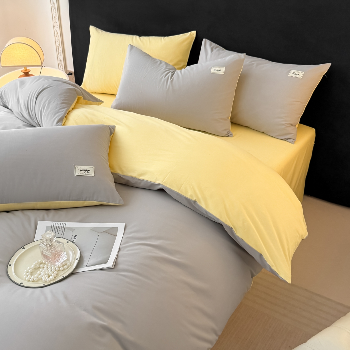 91家纺网 家纺一手货源 找家纺 木子家纺 2026新款高支高密全棉纯棉双拼纯色四件套 落叶黄桃