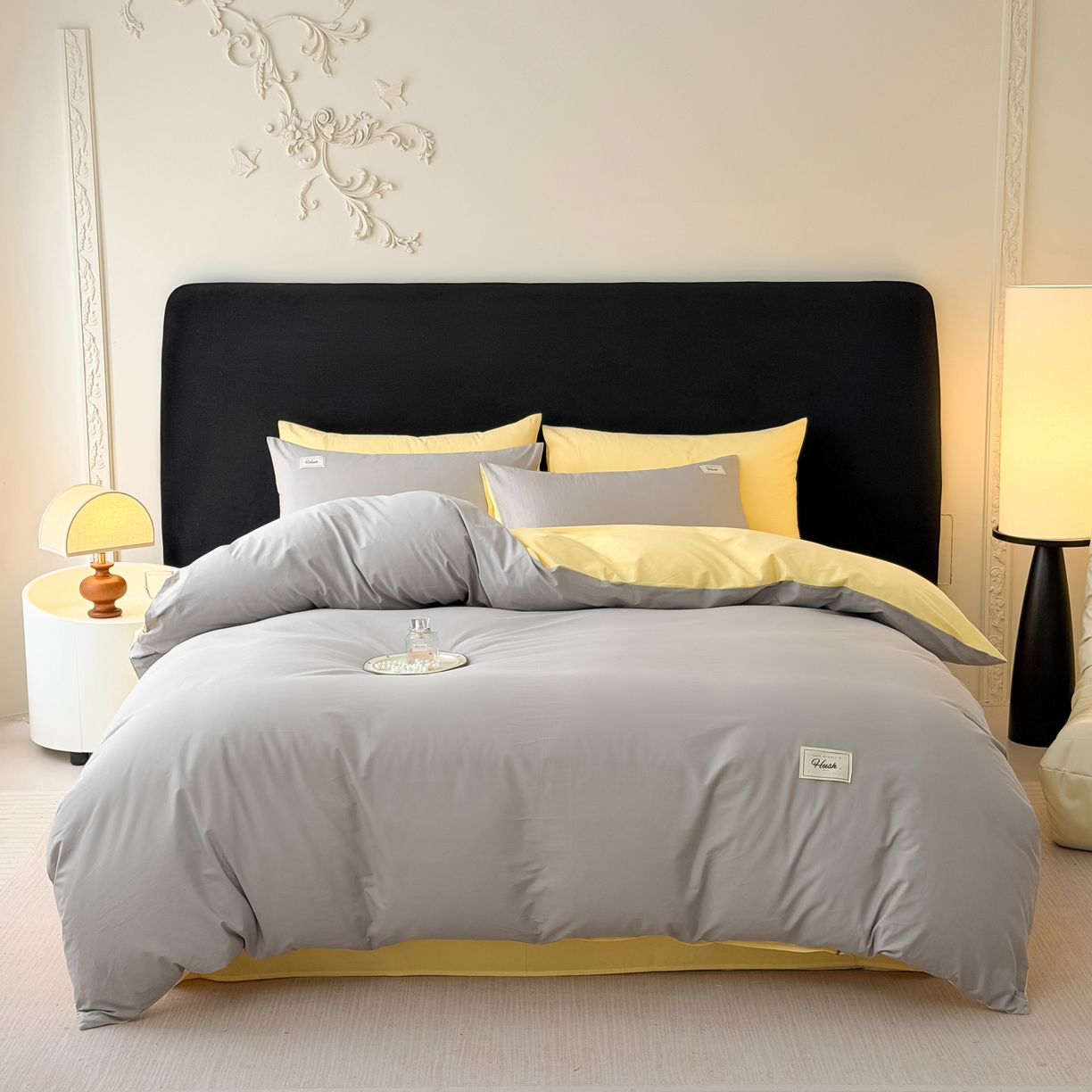 91家纺网 家纺一手货源 找家纺 木子家纺 2026新款高支高密全棉纯棉双拼纯色四件套 落叶黄桃