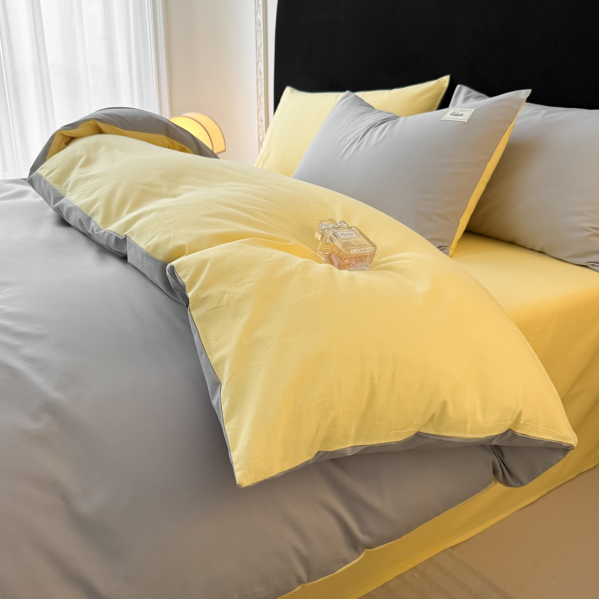 91家纺网 家纺一手货源 找家纺 木子家纺 2026新款高支高密全棉纯棉双拼纯色四件套 落叶黄桃