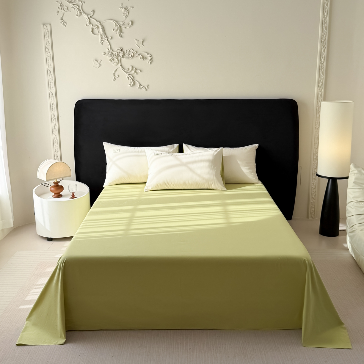 91家纺网 家纺一手货源 找家纺 木子家纺 2026新款高支高密全棉纯棉双拼纯色四件套 奶油薄荷