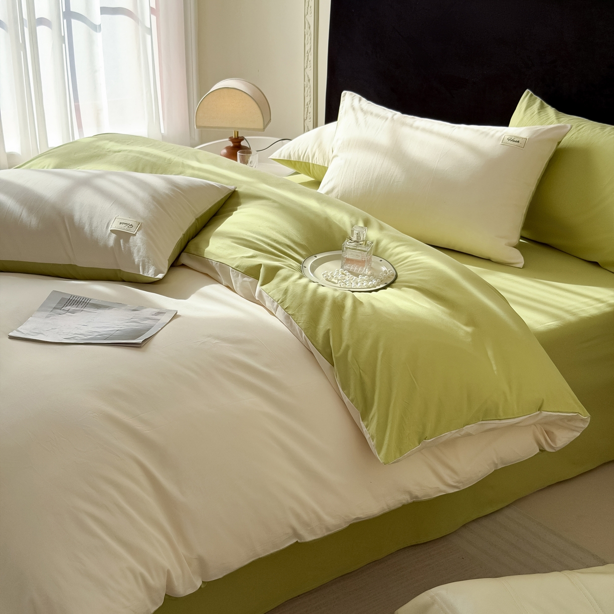 91家纺网 家纺一手货源 找家纺 木子家纺 2026新款高支高密全棉纯棉双拼纯色四件套 奶油薄荷