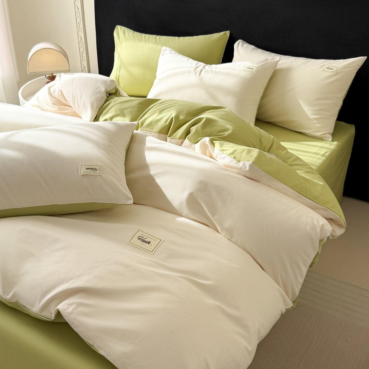 91家纺网 家纺一手货源 找家纺 木子家纺 2026新款高支高密全棉纯棉双拼纯色四件套 奶油薄荷