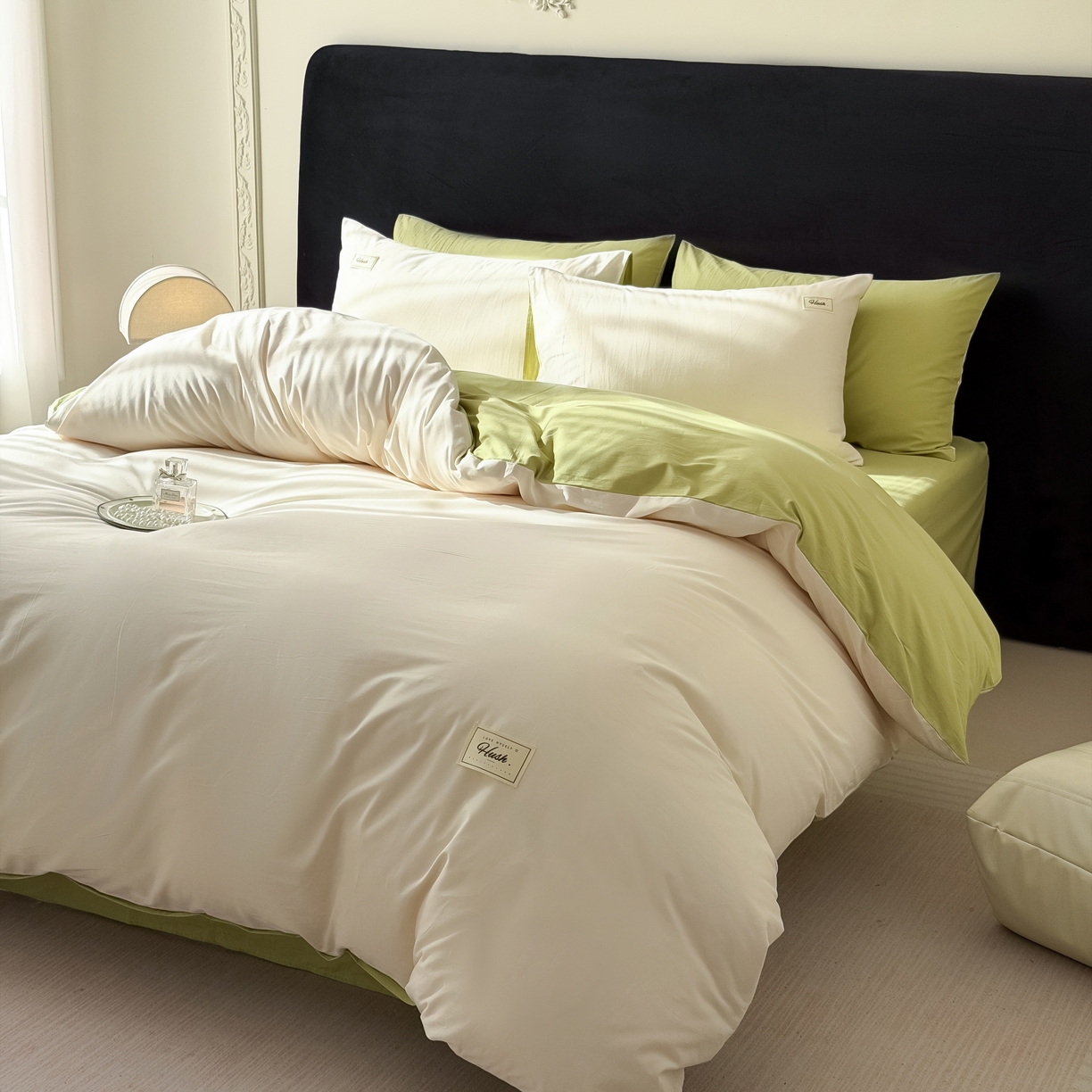 91家纺网 家纺一手货源 找家纺 木子家纺 2026新款高支高密全棉纯棉双拼纯色四件套 奶油薄荷