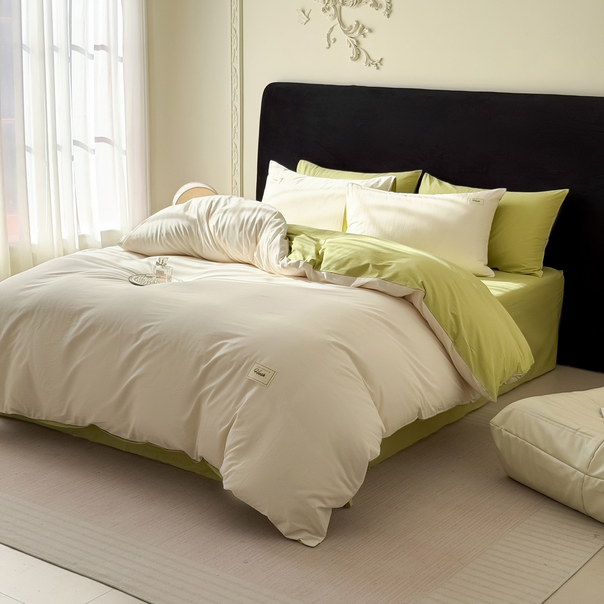 91家纺网 家纺一手货源 找家纺 木子家纺 2026新款高支高密全棉纯棉双拼纯色四件套 奶油薄荷