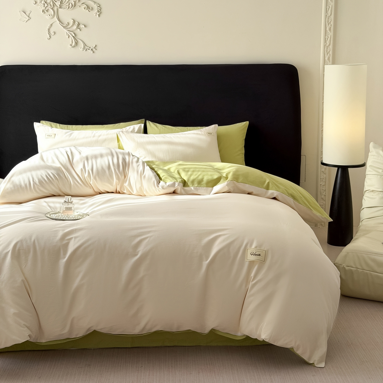 91家纺网 家纺一手货源 找家纺 木子家纺 2026新款高支高密全棉纯棉双拼纯色四件套 奶油薄荷