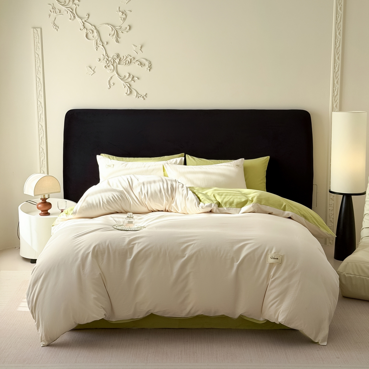 91家纺网 家纺一手货源 找家纺 木子家纺 2026新款高支高密全棉纯棉双拼纯色四件套 奶油薄荷