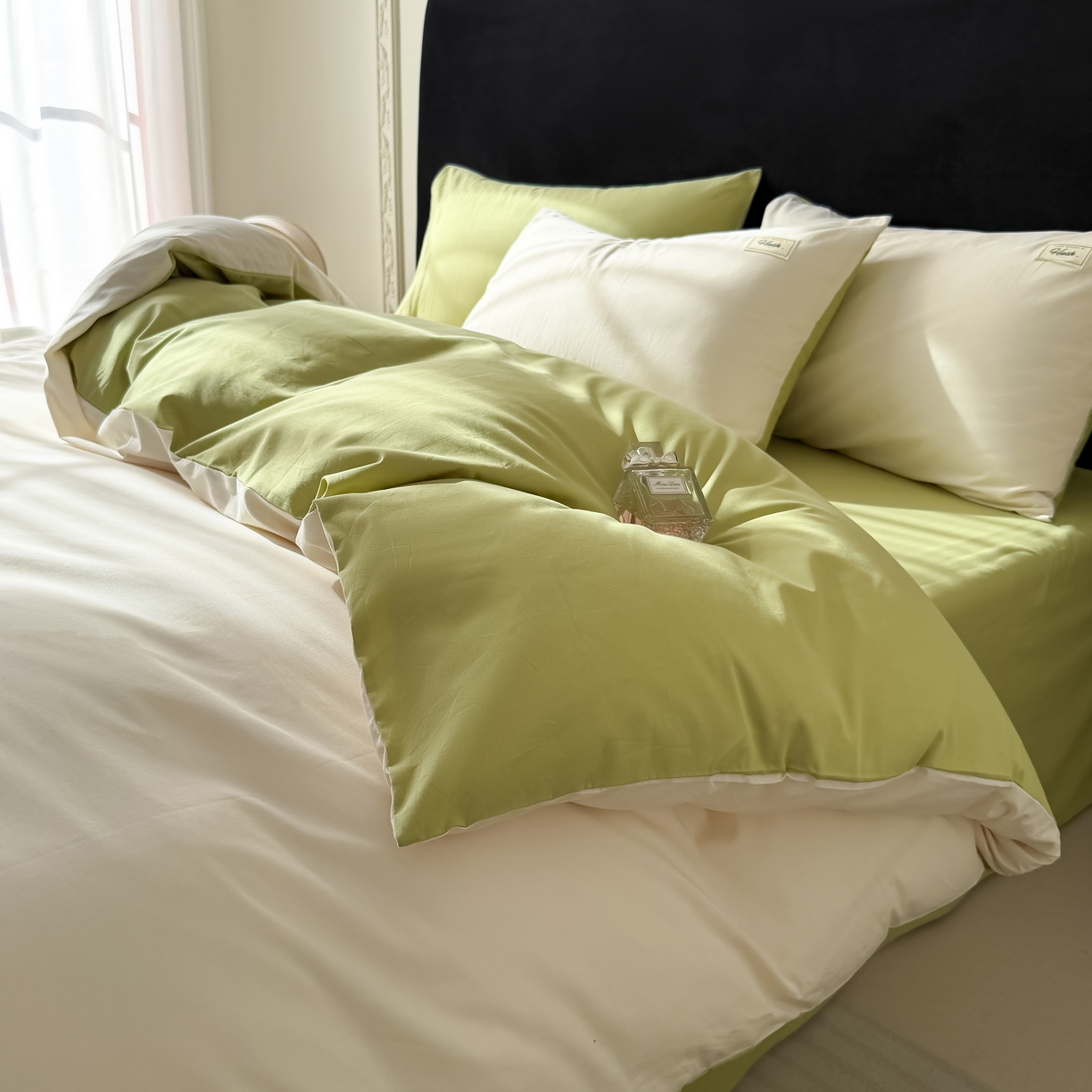 91家纺网 家纺一手货源 找家纺 木子家纺 2026新款高支高密全棉纯棉双拼纯色四件套 奶油薄荷