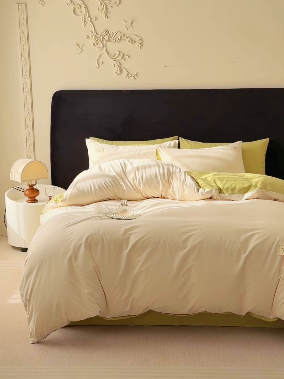 91家纺网 家纺一手货源 找家纺 木子家纺 2026新款高支高密全棉纯棉双拼纯色四件套 奶油薄荷