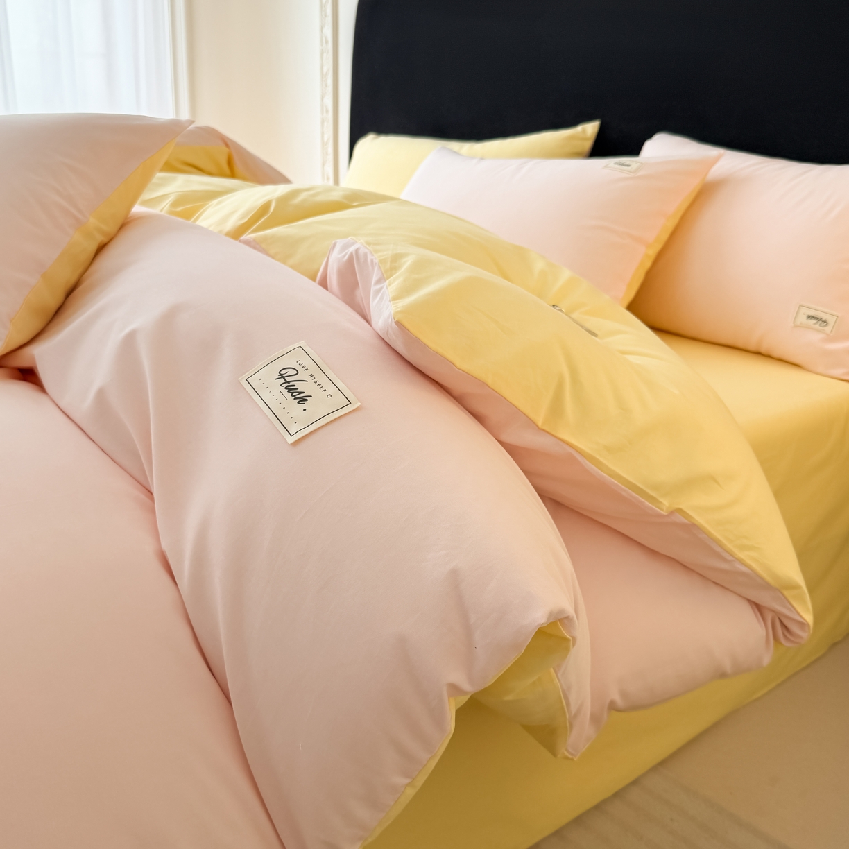 木子家纺 2026新款高支高密全棉纯棉双拼纯色四件套 甜橙柠檬