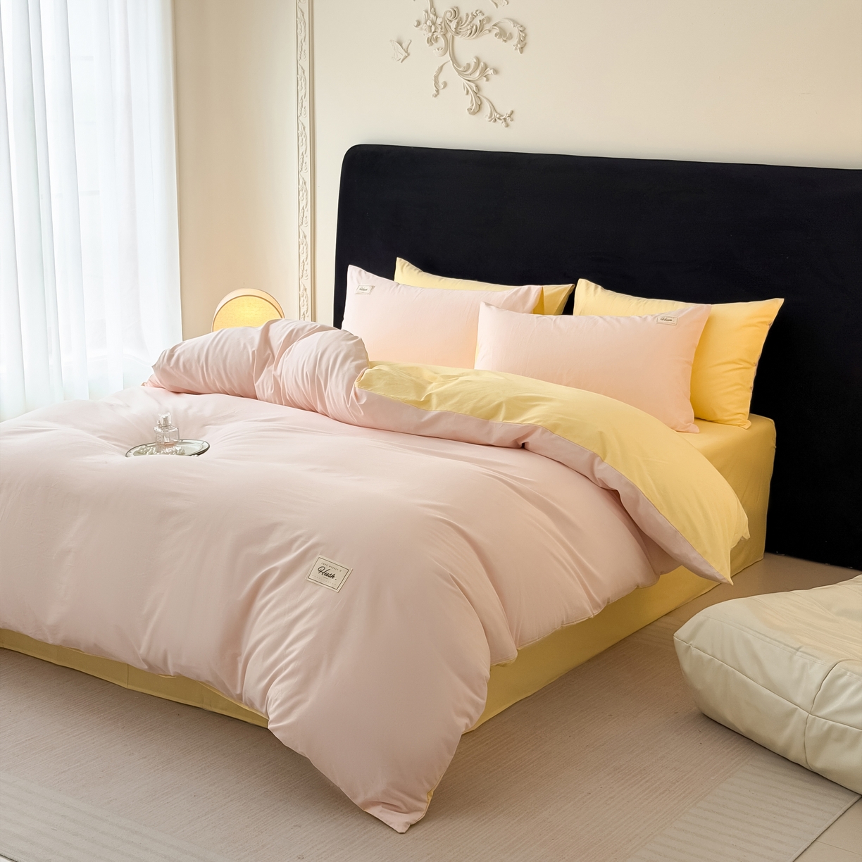 91家纺网 家纺一手货源 找家纺 木子家纺 2026新款高支高密全棉纯棉双拼纯色四件套 甜橙柠檬