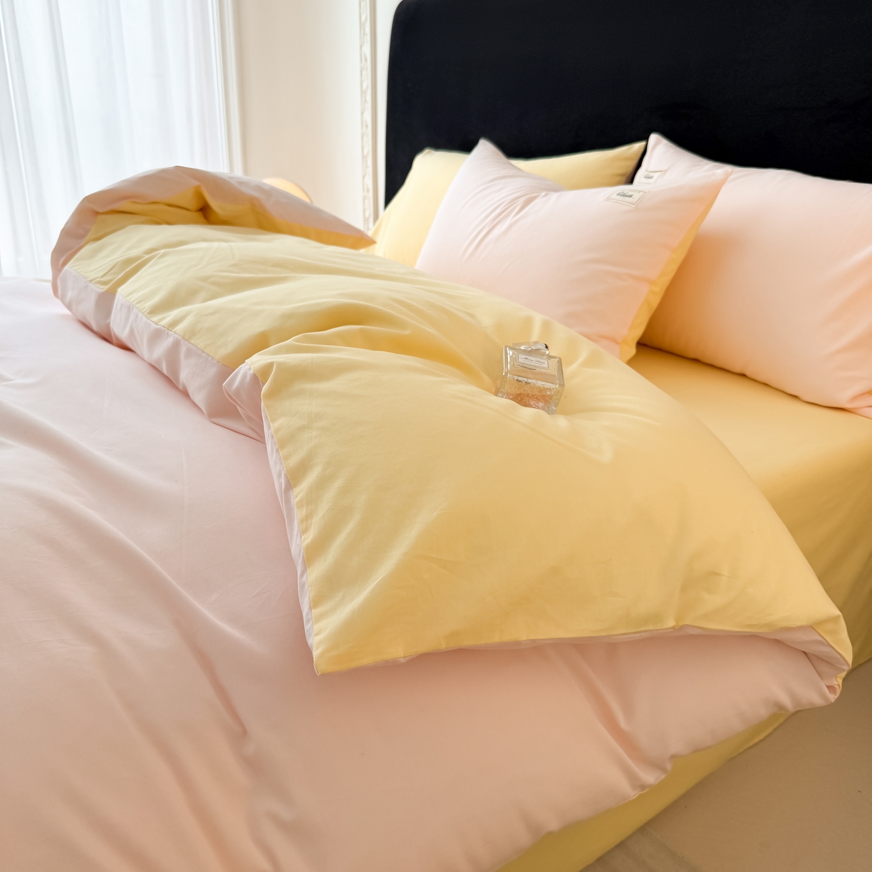 91家纺网 家纺一手货源 找家纺 木子家纺 2026新款高支高密全棉纯棉双拼纯色四件套 甜橙柠檬