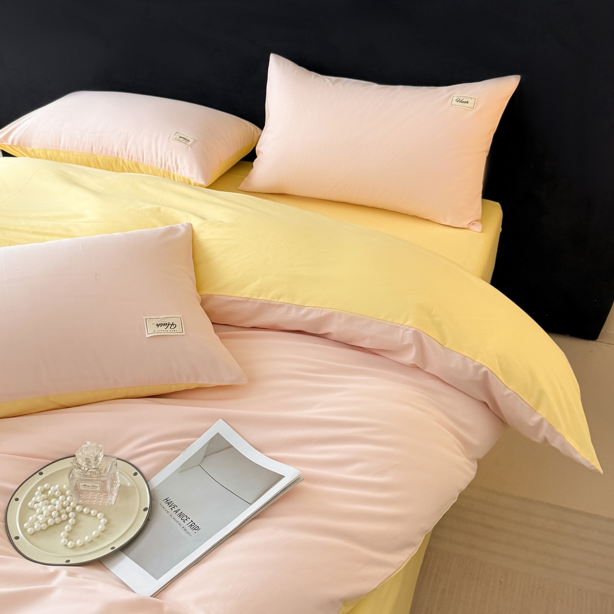 91家纺网 家纺一手货源 找家纺 木子家纺 2026新款高支高密全棉纯棉双拼纯色四件套 甜橙柠檬