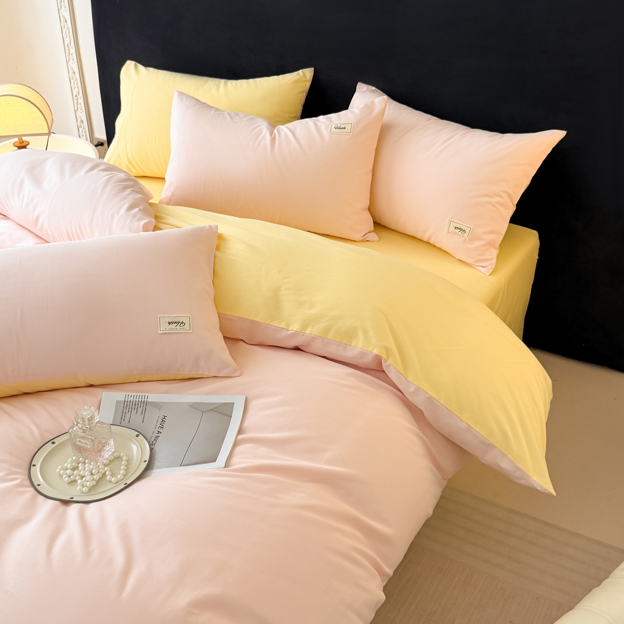 91家纺网 家纺一手货源 找家纺 木子家纺 2026新款高支高密全棉纯棉双拼纯色四件套 甜橙柠檬