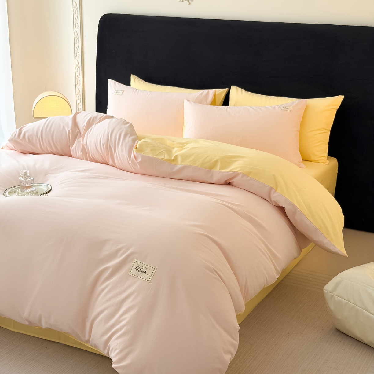 91家纺网 家纺一手货源 找家纺 木子家纺 2026新款高支高密全棉纯棉双拼纯色四件套 甜橙柠檬