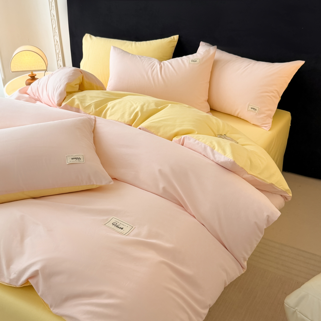 91家纺网 家纺一手货源 找家纺 木子家纺 2026新款高支高密全棉纯棉双拼纯色四件套 甜橙柠檬