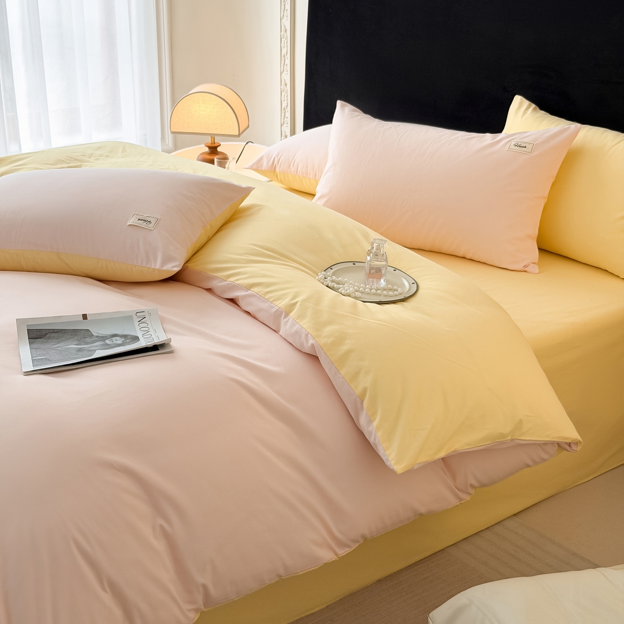 91家纺网 家纺一手货源 找家纺 木子家纺 2026新款高支高密全棉纯棉双拼纯色四件套 甜橙柠檬