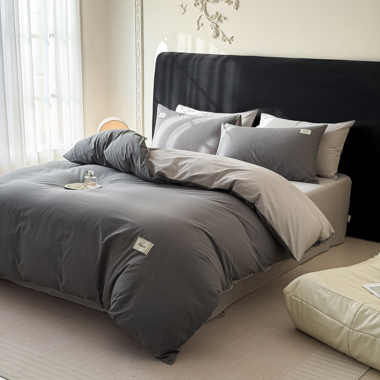 91家纺网 家纺一手货源 找家纺 木子家纺 2026新款高支高密全棉纯棉双拼纯色四件套 星月灰