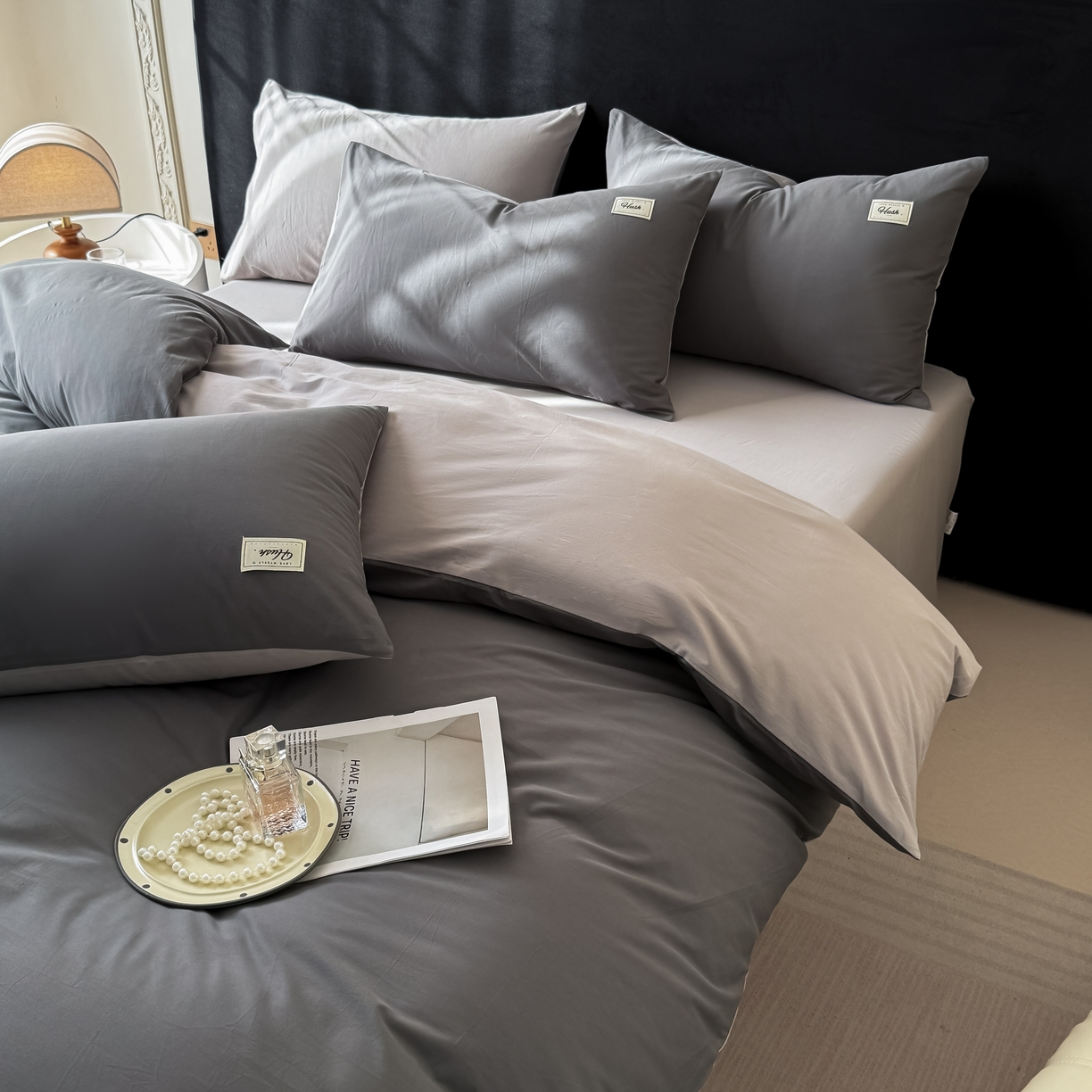 91家纺网 家纺一手货源 找家纺 木子家纺 2026新款高支高密全棉纯棉双拼纯色四件套 星月灰