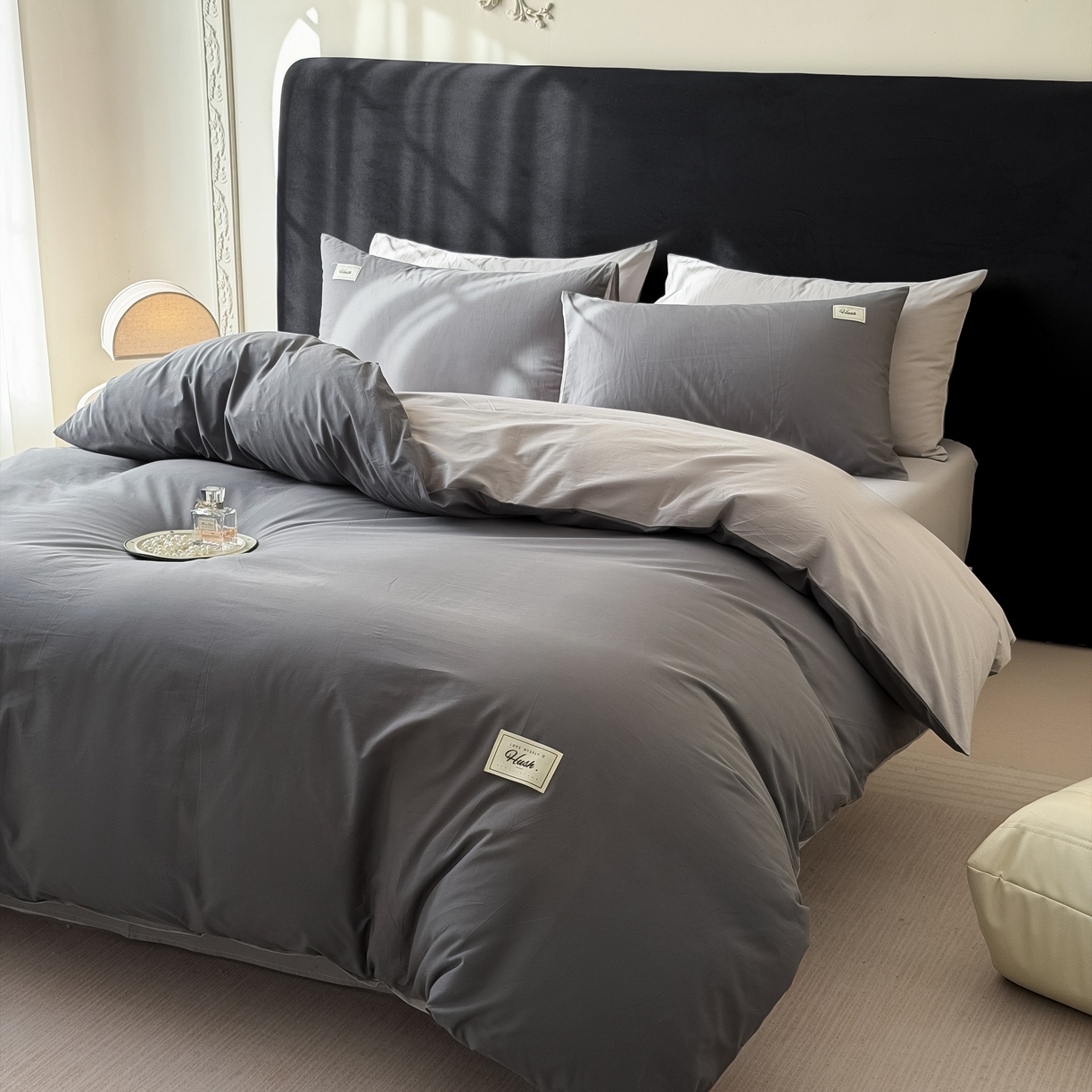 91家纺网 家纺一手货源 找家纺 木子家纺 2026新款高支高密全棉纯棉双拼纯色四件套 星月灰