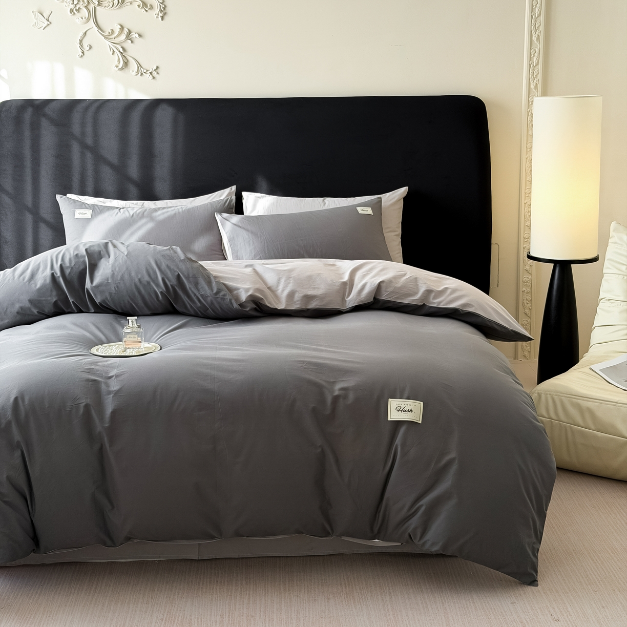 91家纺网 家纺一手货源 找家纺 木子家纺 2026新款高支高密全棉纯棉双拼纯色四件套 星月灰