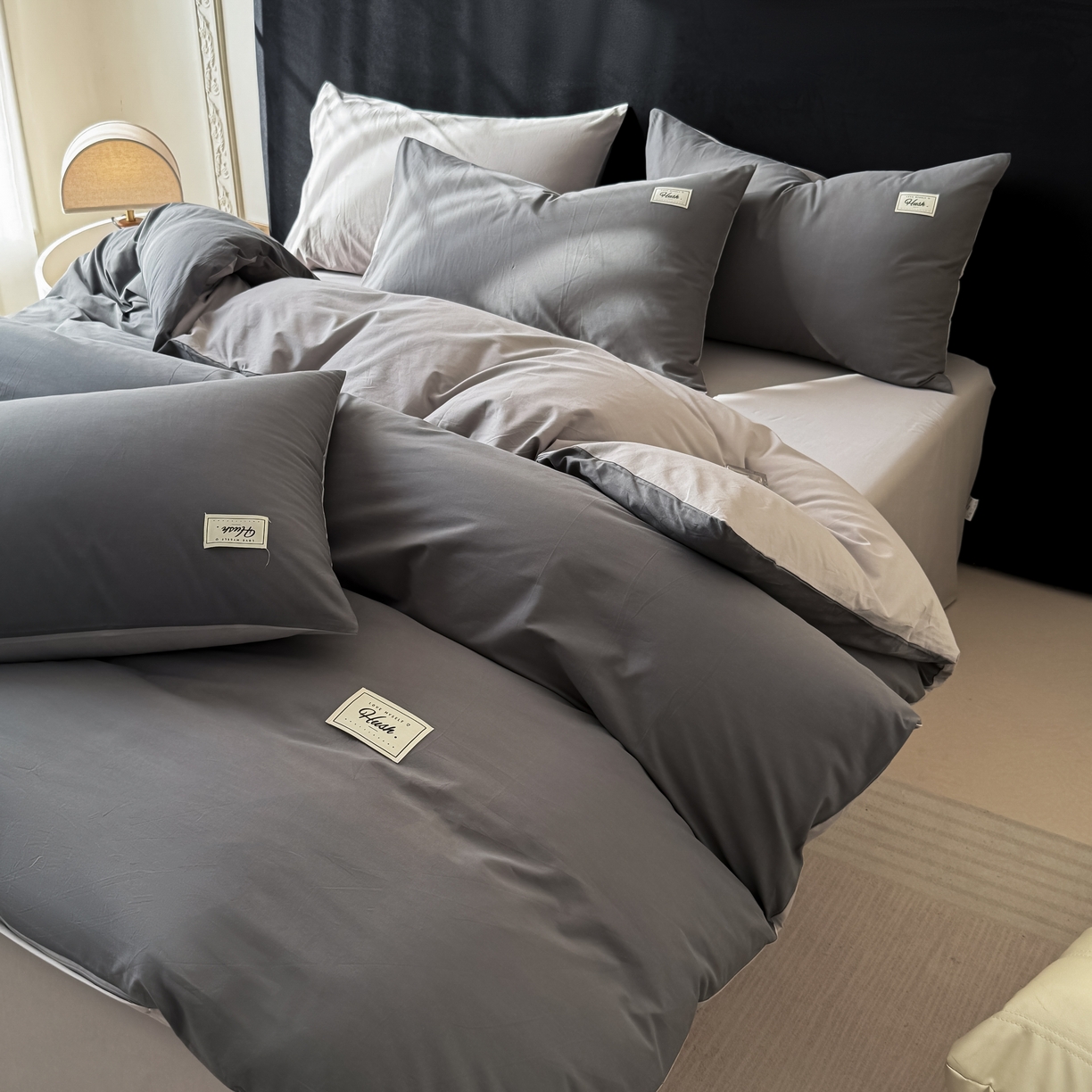 91家纺网 家纺一手货源 找家纺 木子家纺 2026新款高支高密全棉纯棉双拼纯色四件套 星月灰