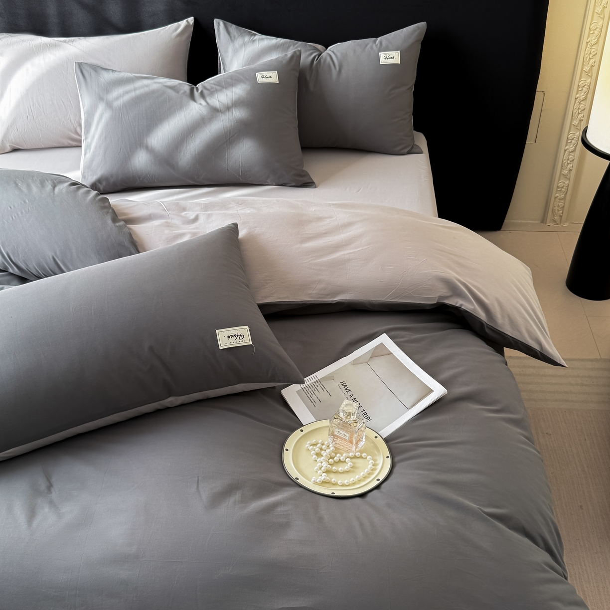 91家纺网 家纺一手货源 找家纺 木子家纺 2026新款高支高密全棉纯棉双拼纯色四件套 星月灰